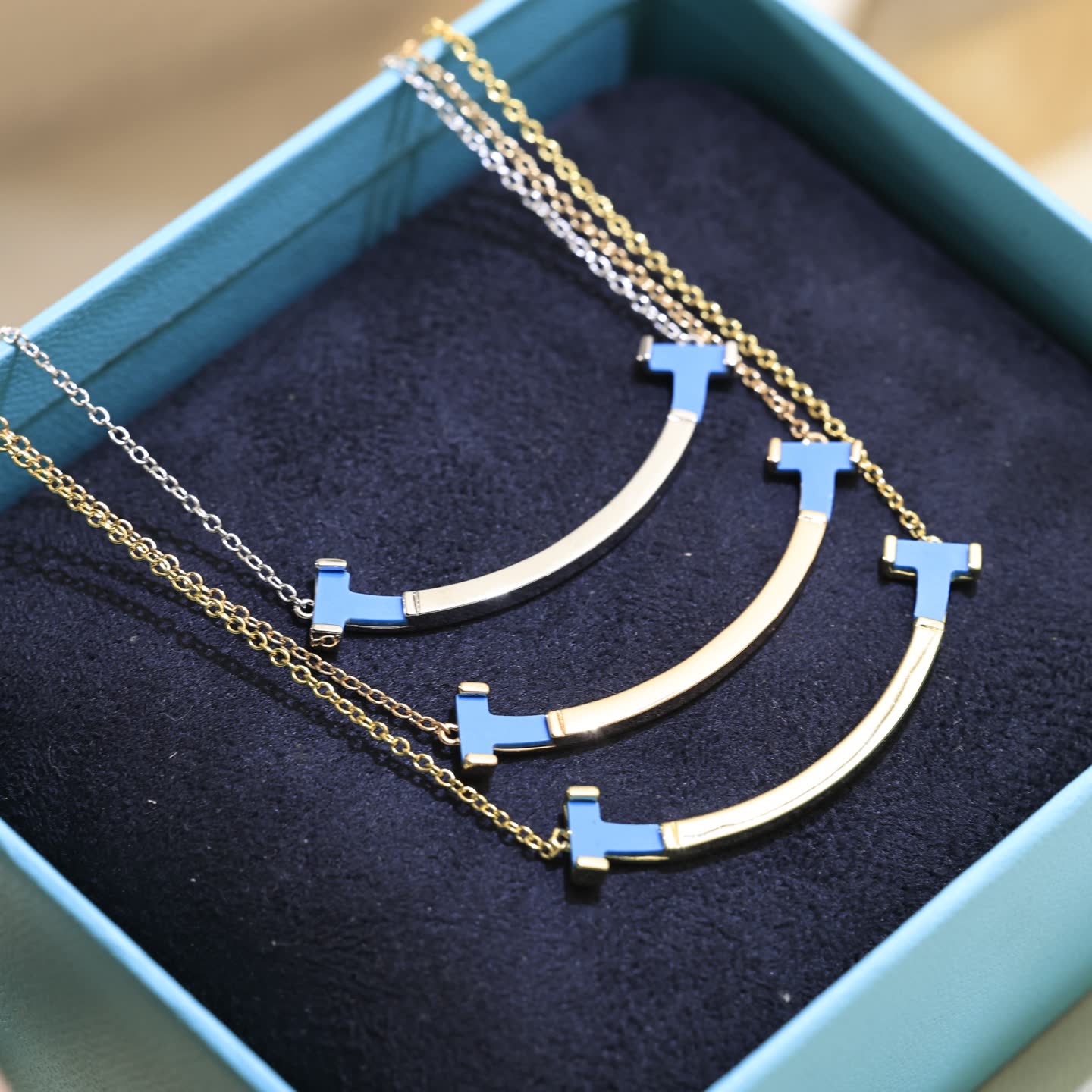 Tiffany & Co Blue Enamel Smile Bar Necklace